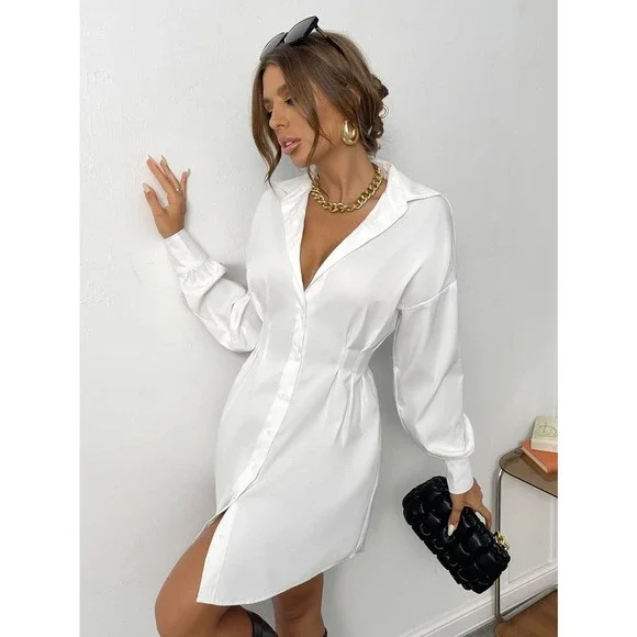 long sleeve Ruched Drop Shoulder Shirt Dress black - Picture 6 of 7